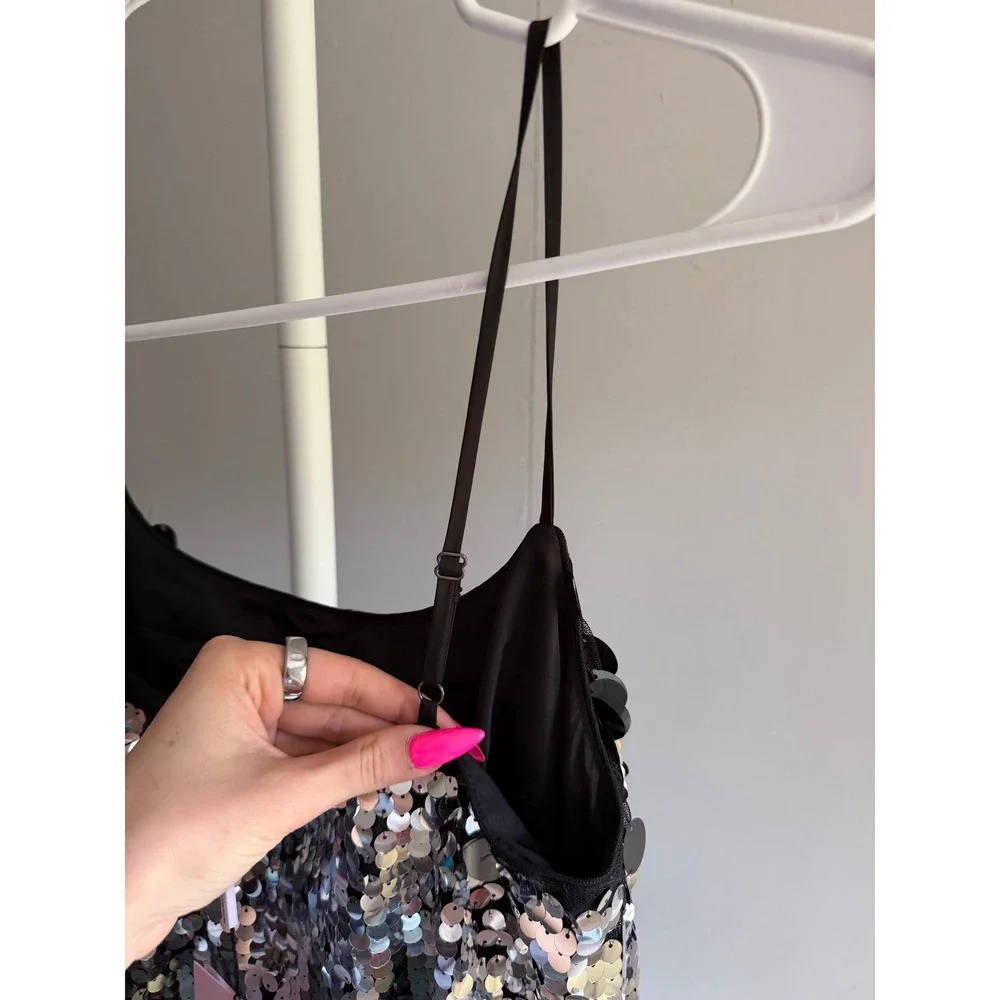 $290 NWT Avec Les Filles Sequin Midi Dress Silver Black Adjustable Straps Slit